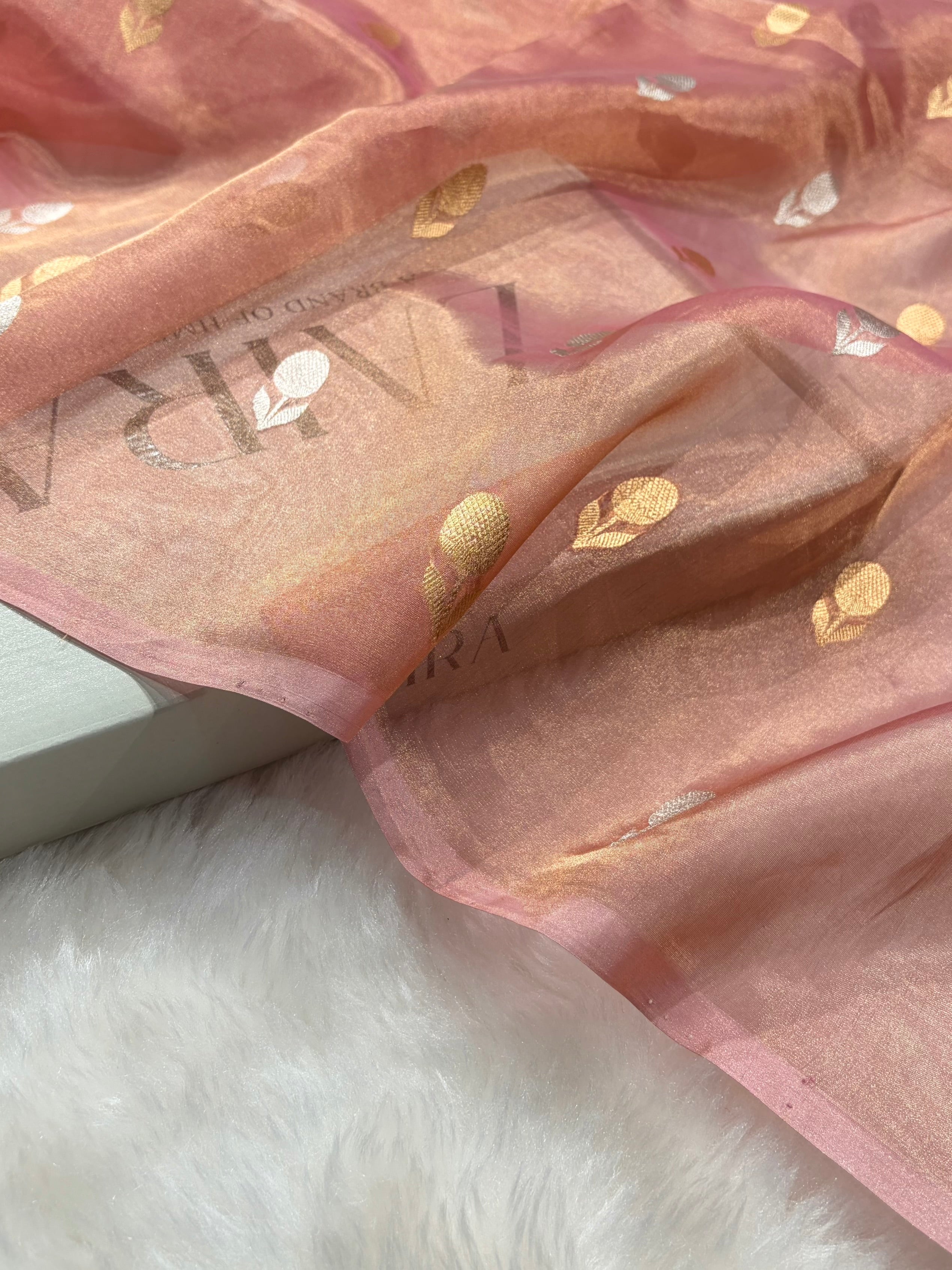 Light Peach Bananasi Floral Shades Pure Tissue Silk Saree PT-50