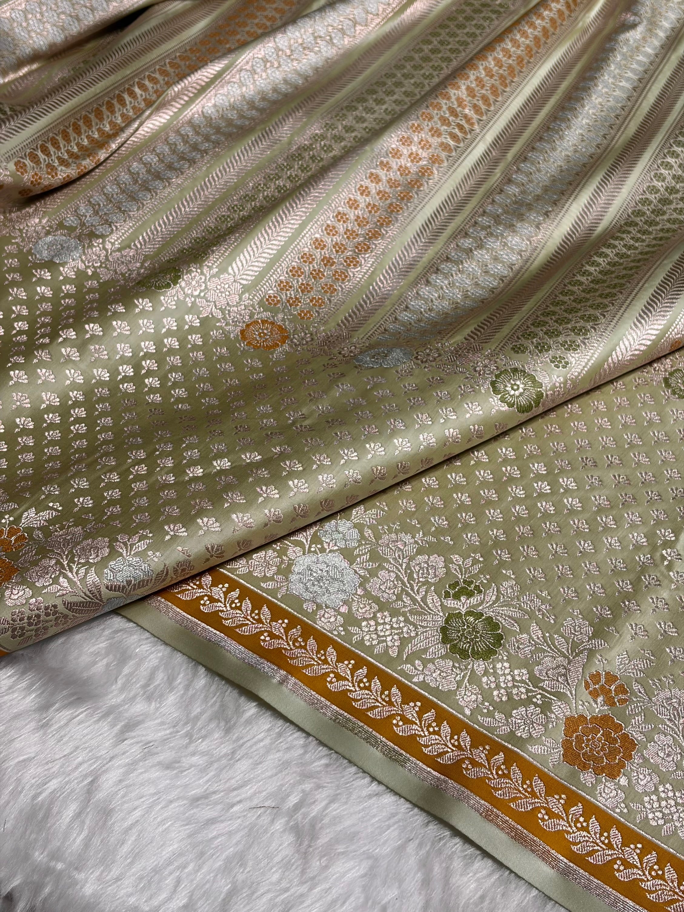 Pista Shades Floral Minakari Skirt Border Mashru Silk Saree MSM-83