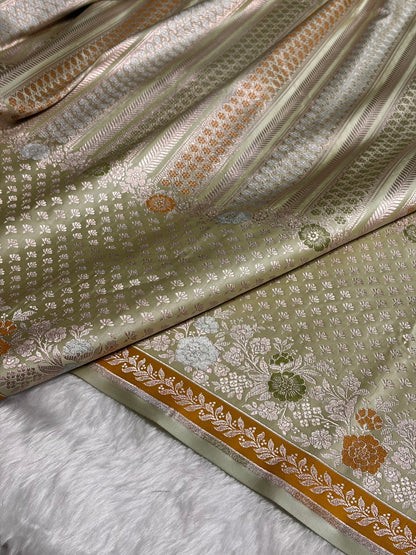 Pista Shades Floral Minakari Skirt Border Mashru Silk Saree MSM-83