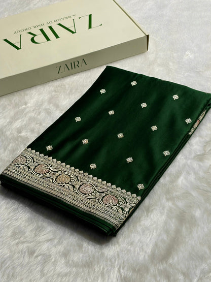 Banarasi Dark Bottle Green Minakari Booti Mashru Silk Saree MS10