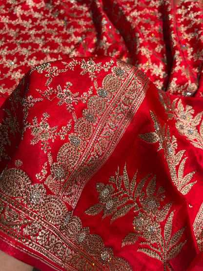 Bridal Red Satin Silk Jaal with Swarovski Stone Work & brocade Blouse BSS16