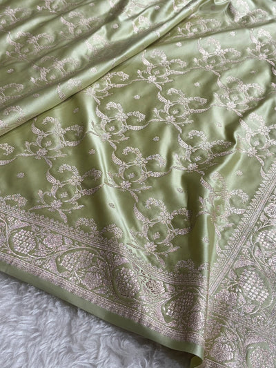 Pastel Pista Shades Banarasi With Floral Jaal Pattern Mashru Silk Saree MSM-134