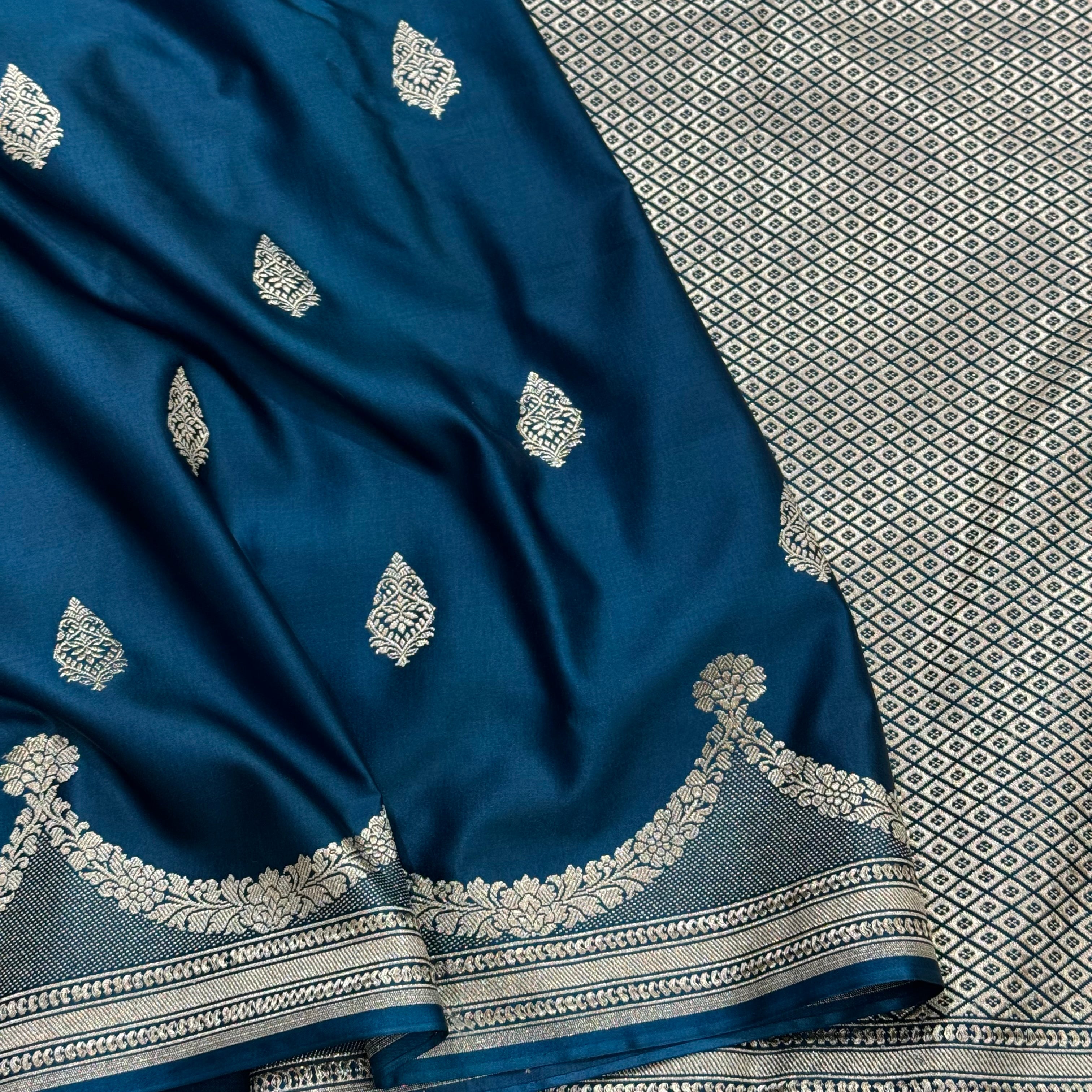 German Blue Scallop Mashru Silk Saree