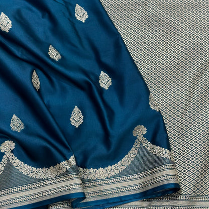 German Blue Scallop Mashru Silk Saree