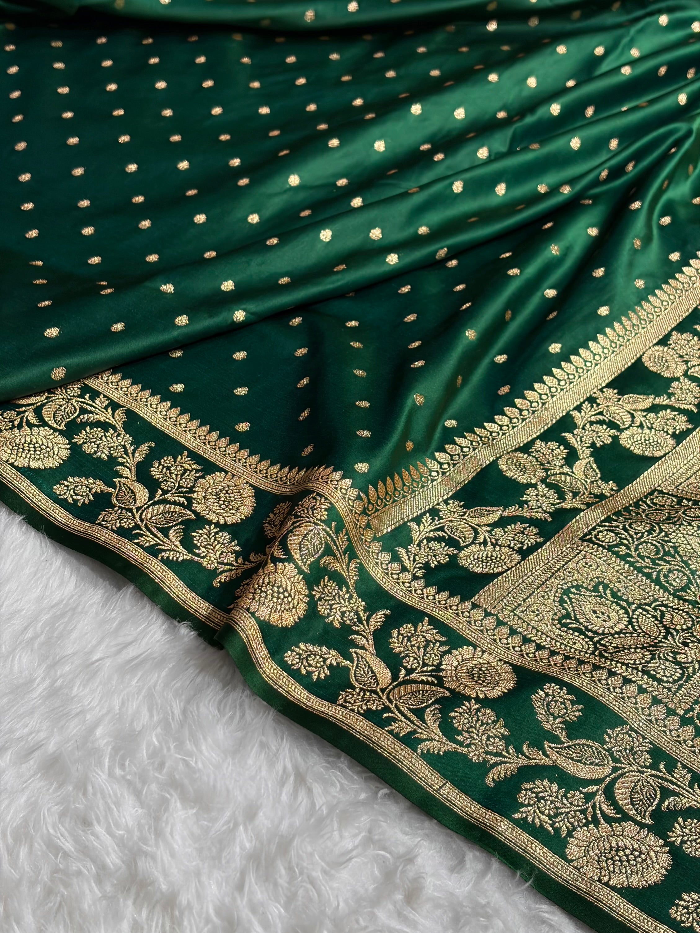 Banarasi Satin Katan Saree With Boota in Bottle Green Shades SK107