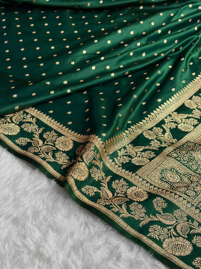 Banarasi Satin Katan Saree With Boota in Bottle Green Shades SK107