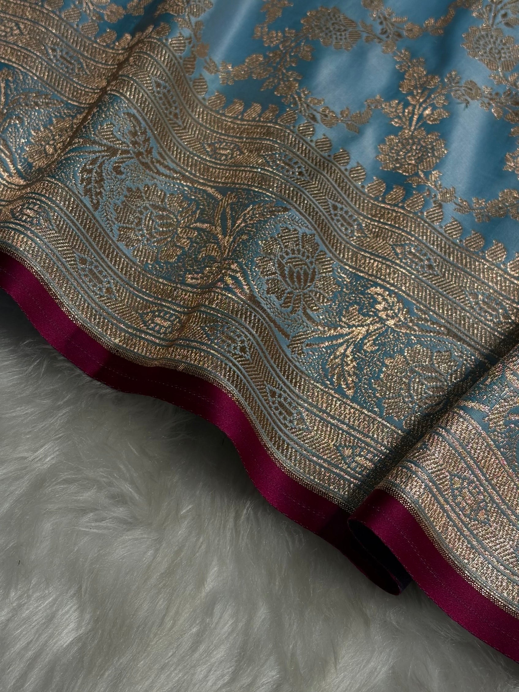 Sky Blue Jaal Pattern Satin Katan Silk Saree SK25