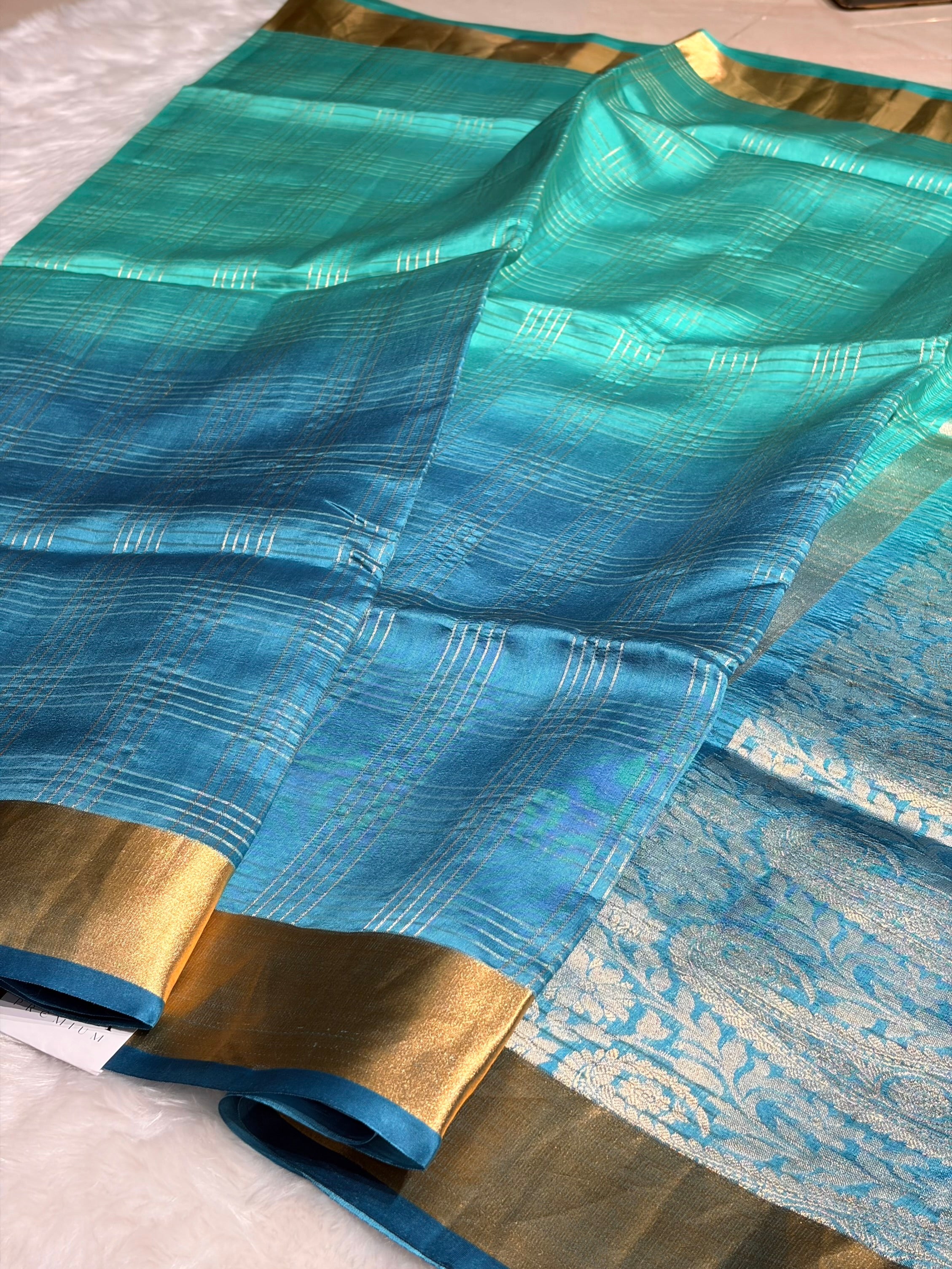 Ombré Ocean Blue Handwoven Pure Katan Raw Mango Silk RM-04