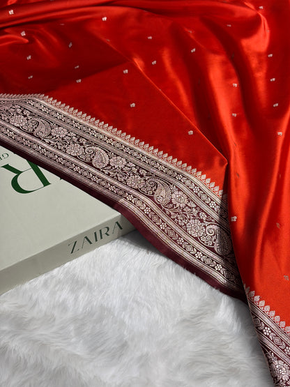 Contrast Rust Orange with Chocolate Shades Booti Mashru Silk Saree MS64
