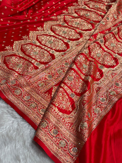 Banarasi Red Katan Silk Saree With Ari Zardozi and Swarovski stone work BSK01