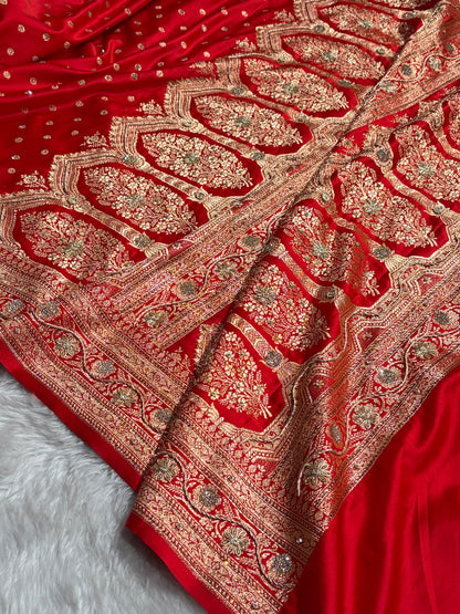 Banarasi Red Katan Silk Saree With Ari Zardozi and Swarovski stone work BSK01