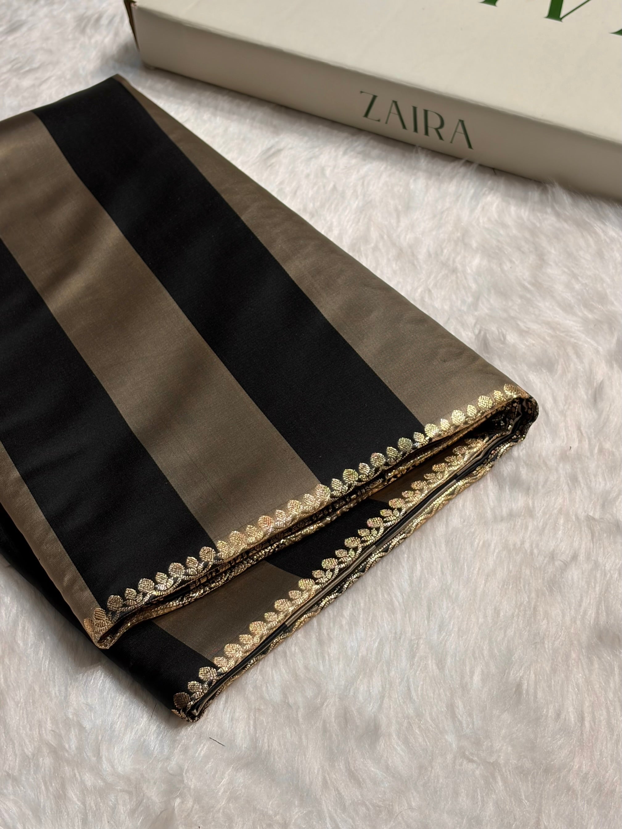 Gray With Black Horizontal Strips Floral Border & Brocket Blouse Mashru Silk Saree MSM-84