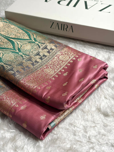 Contrast Baby Pink / Turquoise Floral Booti Banarasi Satin Katan Silk Saree SK16