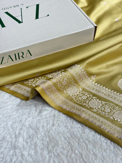 Banarasi Light Pista Boota With Floral Border Mashru Silk Saree
