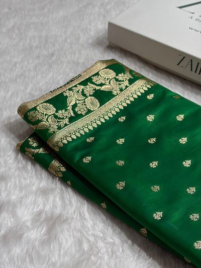 Banarasi Cross Green Shades Floral Pattern Satin Katan Silk Saree SK77