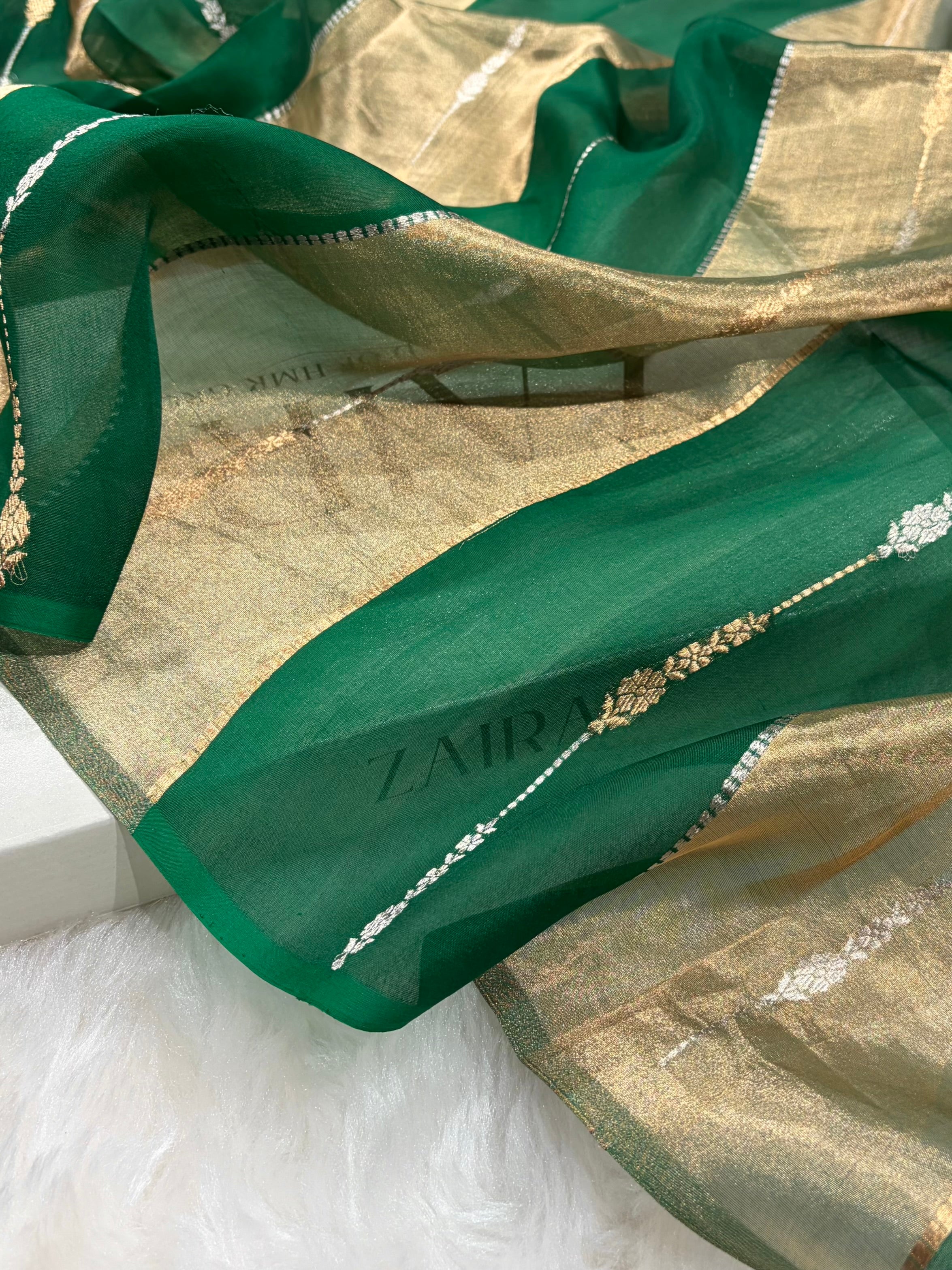 Bottle Green Tissue Organza Bananasi Floral Shades Pure Tissue Silk Saree PT-56