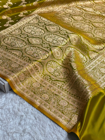 Banarasi Satin Katan Saree With Jaal Pattern in Liril Mehendi Shades SK121