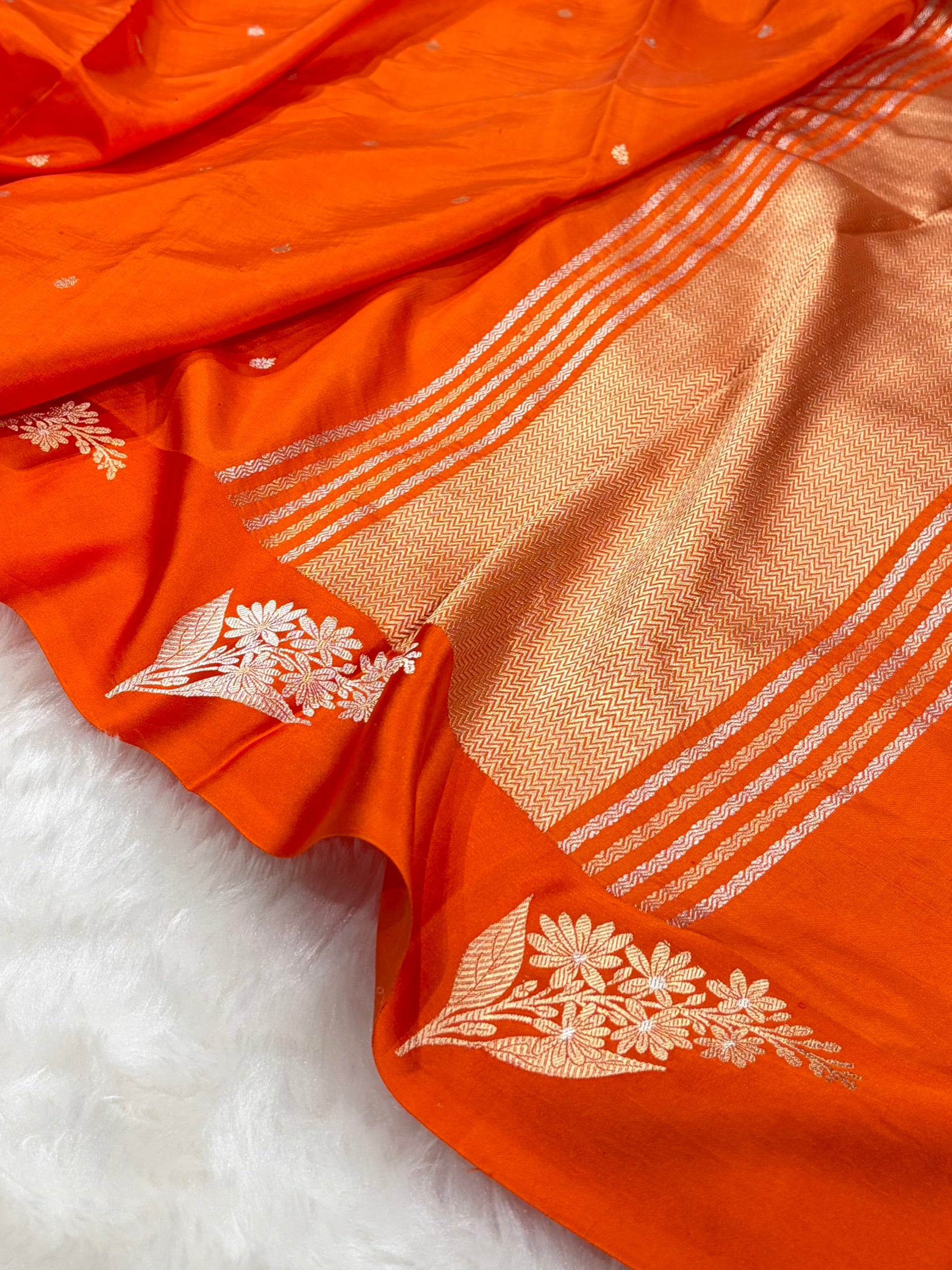 Banarasi Orange Shades Meena Boota Handwoven Pure Katan Paper Silk RM-73