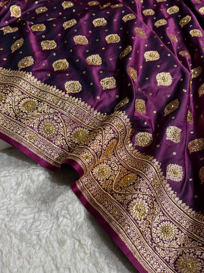 Cross Wine Unique Boota Pattern With Stone & Ari Work Satin Katan Silk Saree BSK69