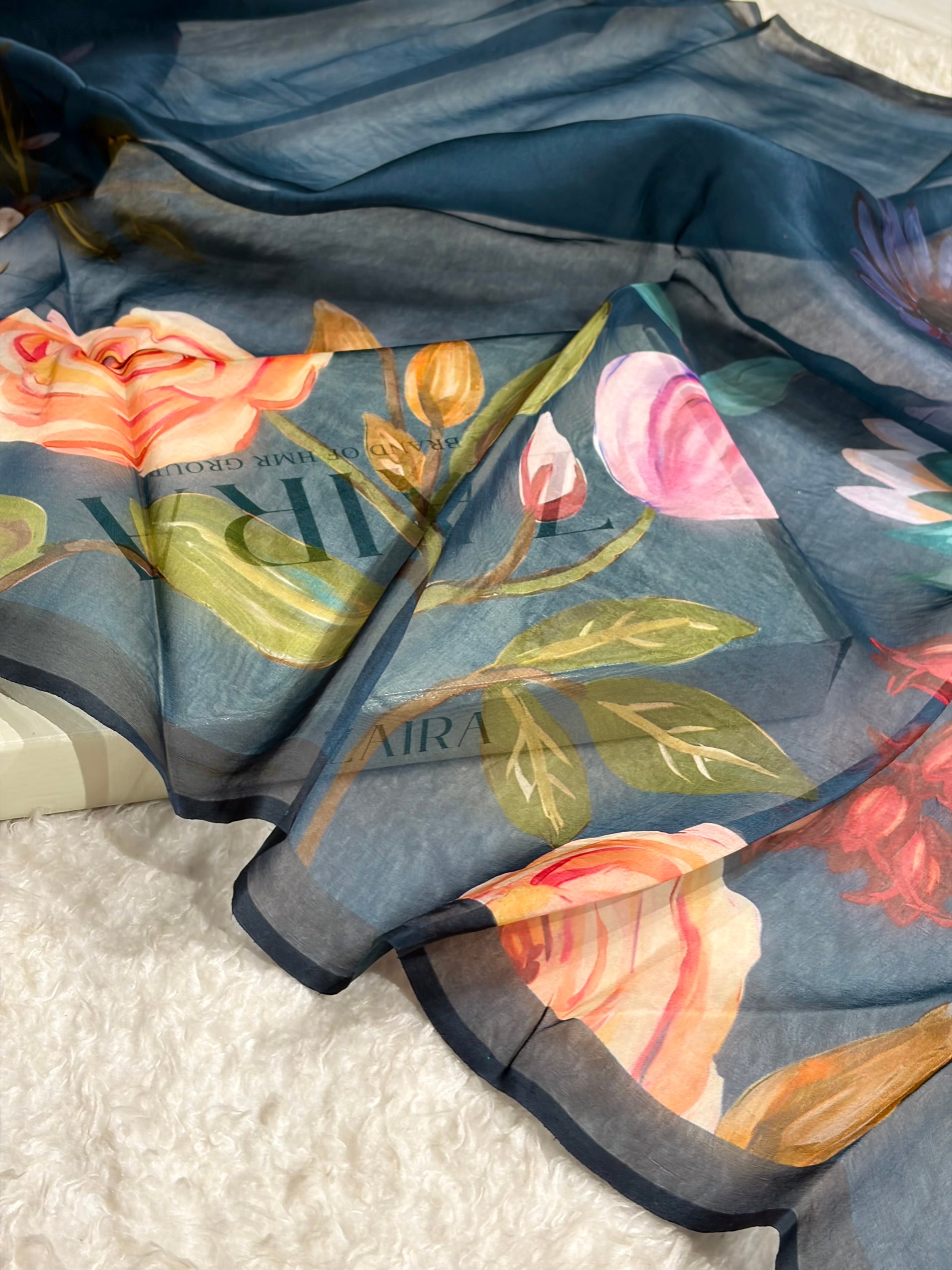 Navy Blue Organza with Pastel Multicolor Florals POP10