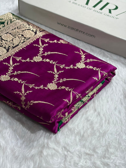 Banarasi Satin Katan Saree With Boota in Contrast Wine With Green Shades SK115