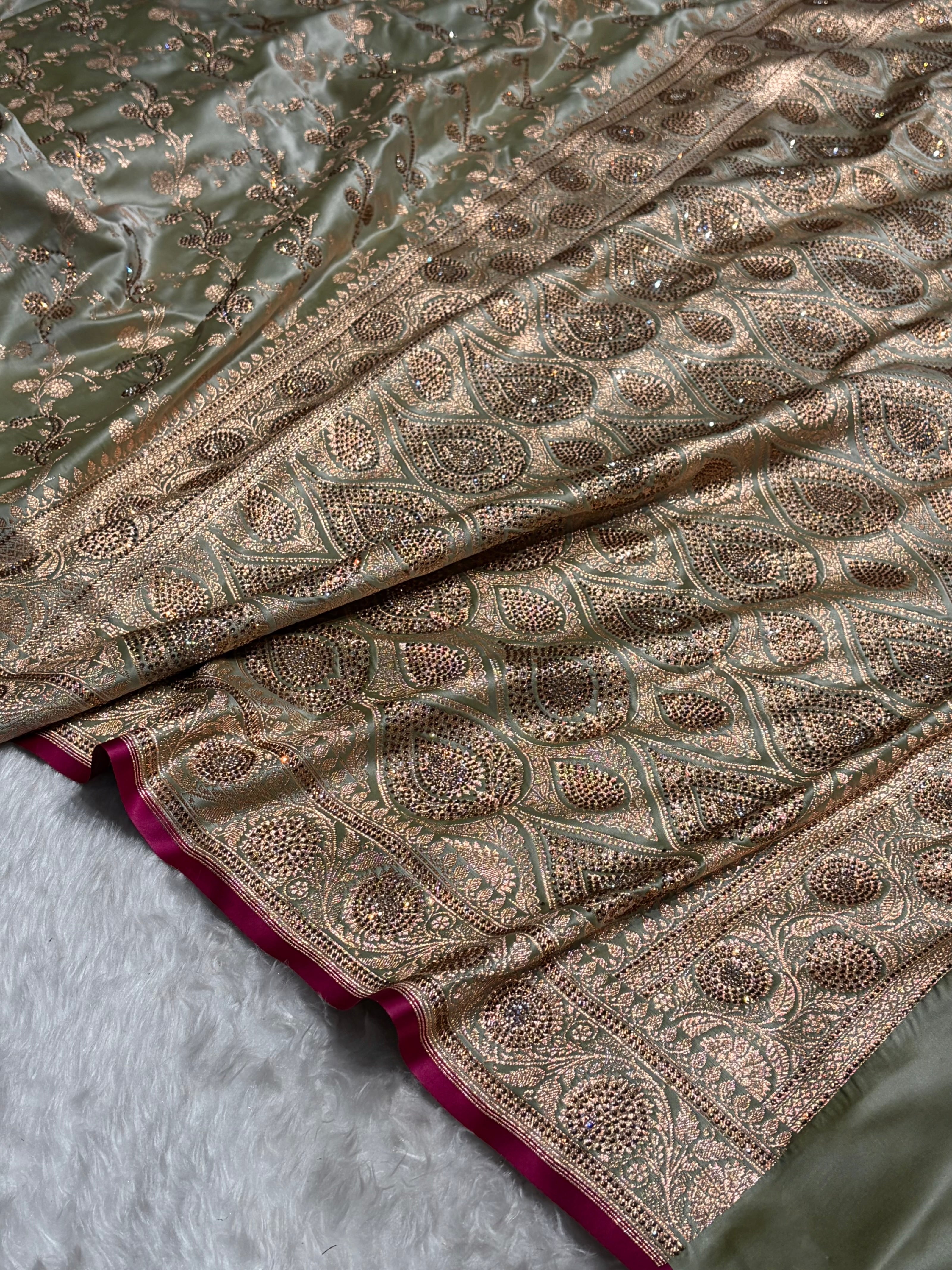 Pista Shades Cross With Swarovski Work Satin Katan Silk Saree BSK17