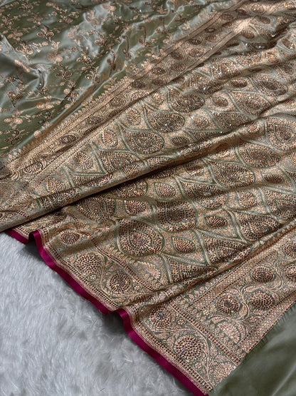 Pista Shades Cross With Swarovski Work Satin Katan Silk Saree BSK17