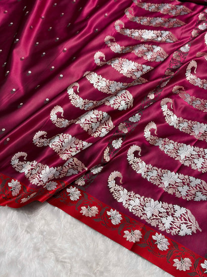 Rose With Red Floral Boota With Floral Border Mashru Silk Saree MSM 78