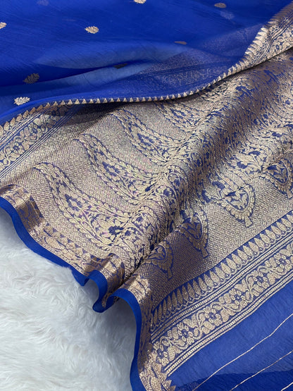 Banarasi Pure Organza Royal Blue Shades Banarasi Silk Saree PO-35