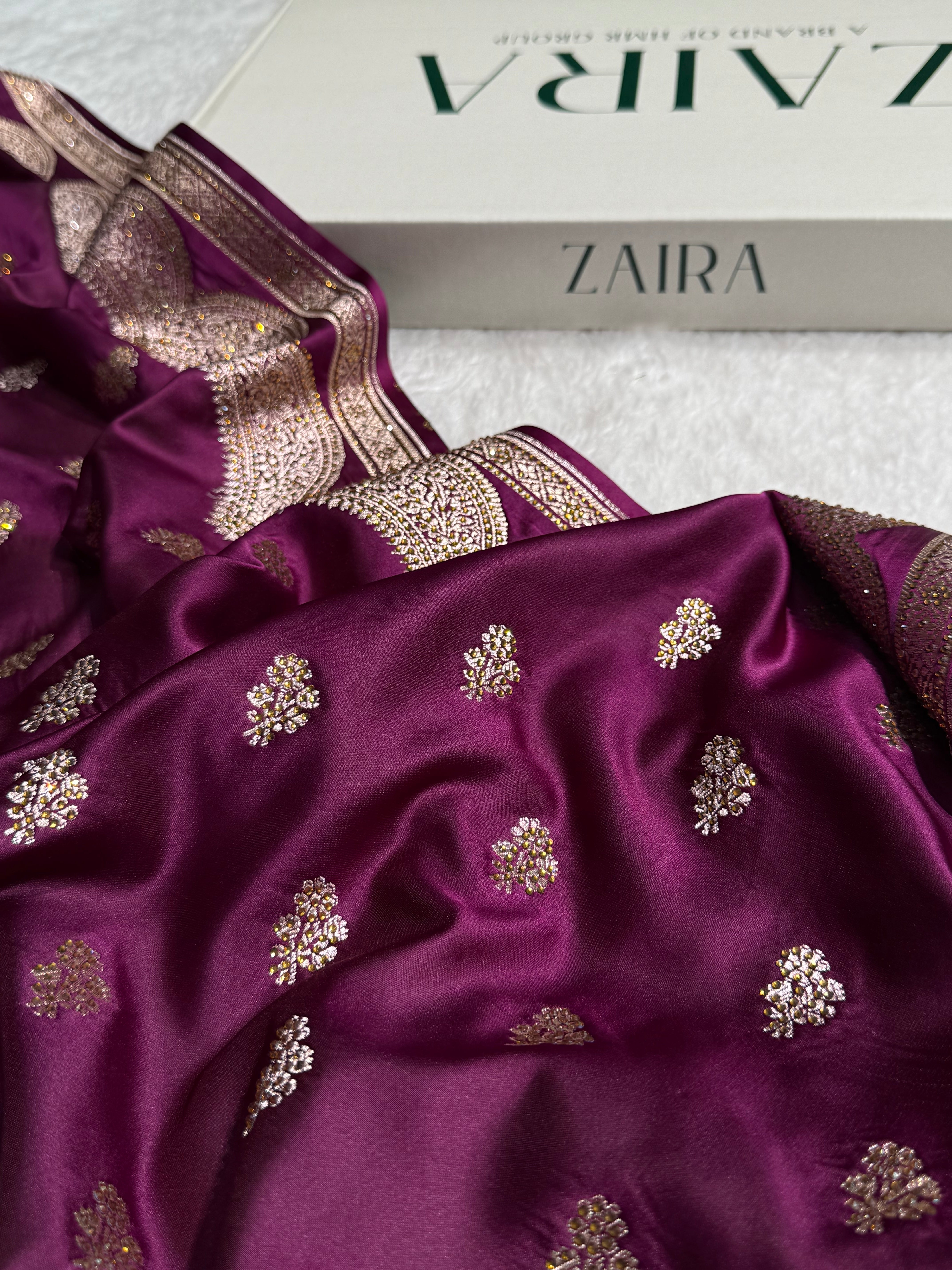 Purple Wine Scallop Mashru Silk with Swarovski work