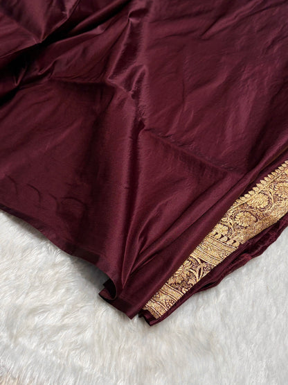 Dark Chocolate Katan Silk Saree In Boota Floral Motif