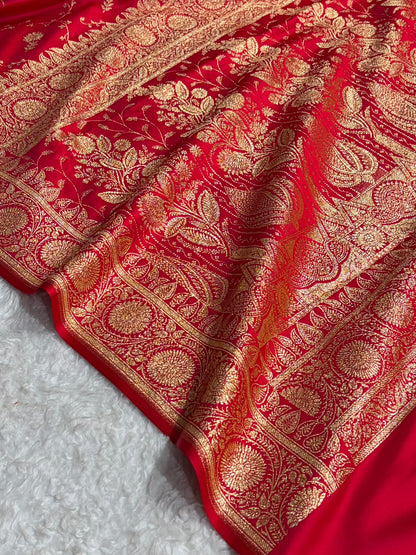 Cross Red Shades Jaal Floral Pattern Satin Katan Silk Saree SK81