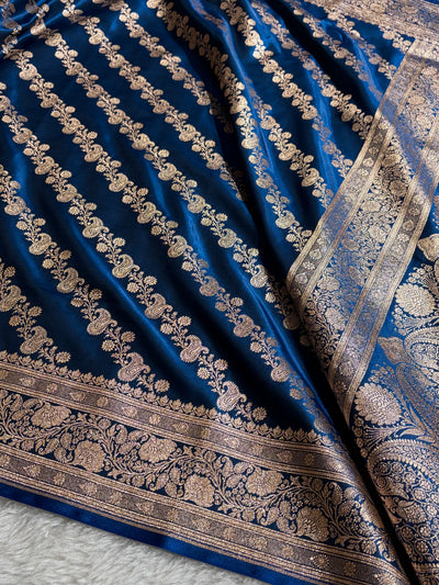 Banarasi German Blue Shades Cross Pattern Banarasi Satin Silk Saree SS51