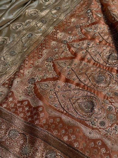 Mustard Tusser With Peach Booti With Ari & Zardozi Work Satin Katan Silk saree BSK29