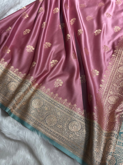 Baby Pink - Turquoise Banarasi Boota Katan Silk Saree SKM29