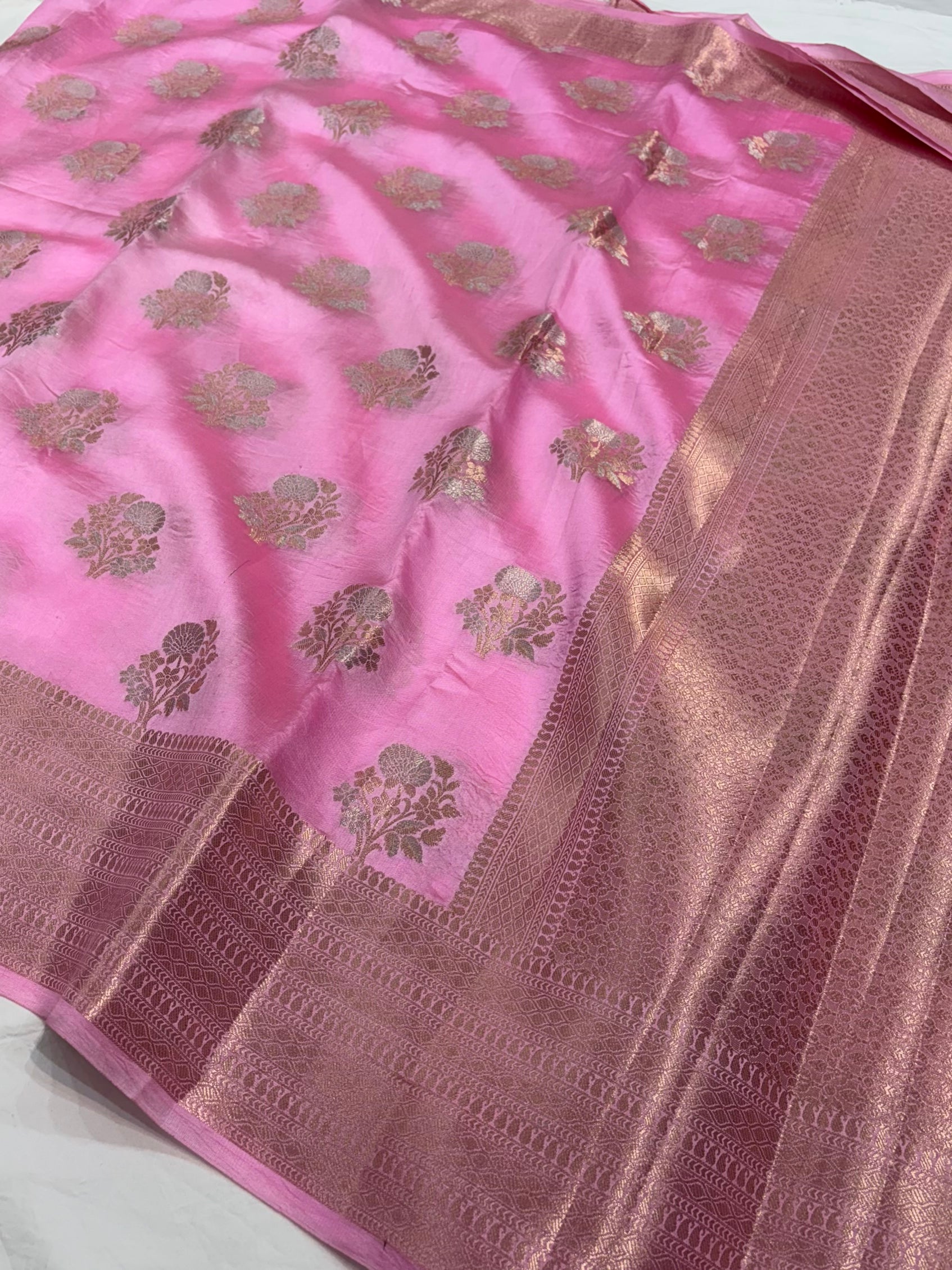 Blush Pink Minakari Flower Booti Pure Caramel Silk Saree