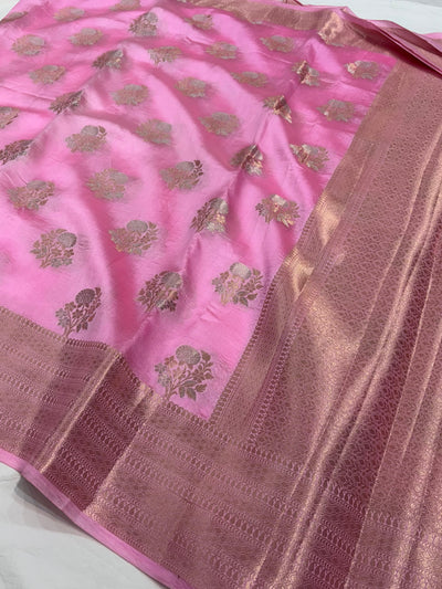 Blush Pink Minakari Flower Booti Pure Caramel Silk Saree