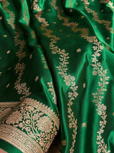Banarasi Satin Katan Saree With Boota in Bottle Green Shades SK108