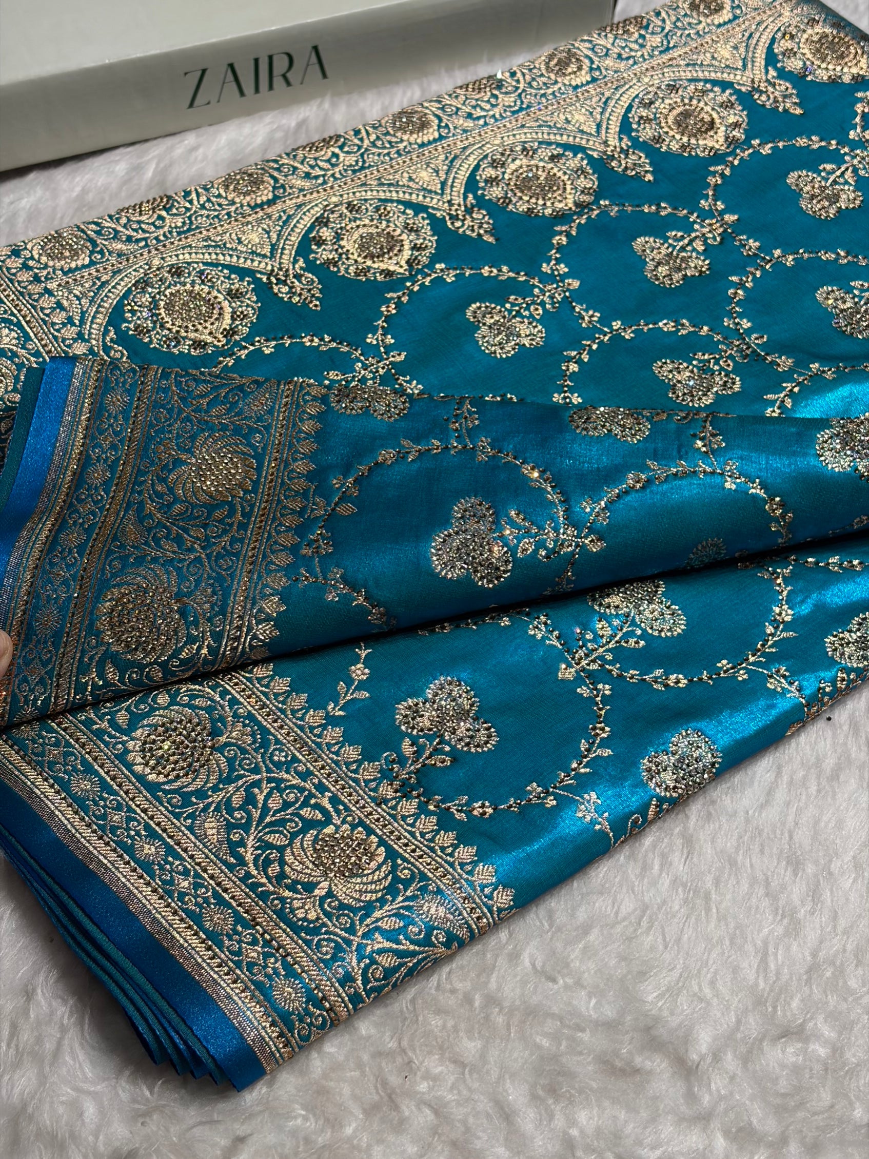Satin Silk Saree Banarasi Swarovski Work Jaal in Firozi Shades BSS23 (R)