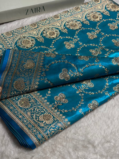 Satin Silk Saree Banarasi Swarovski Work Jaal in Firozi Shades BSS23 (R)