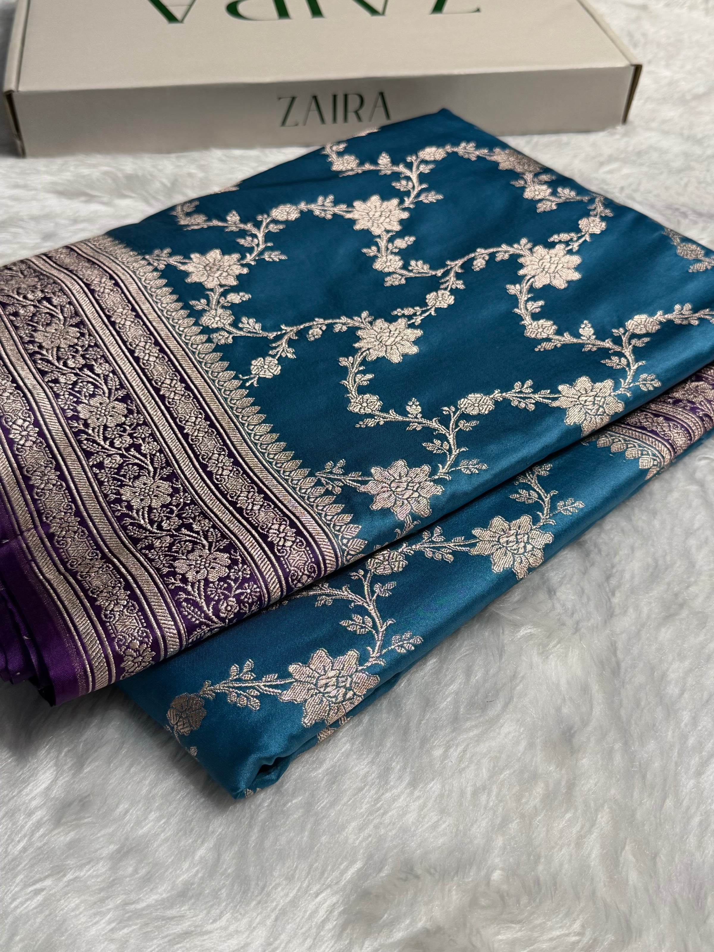 Banarasi Contrast Firozi With Purple Shades Floral Jaal Mashru Silk Saree MS07