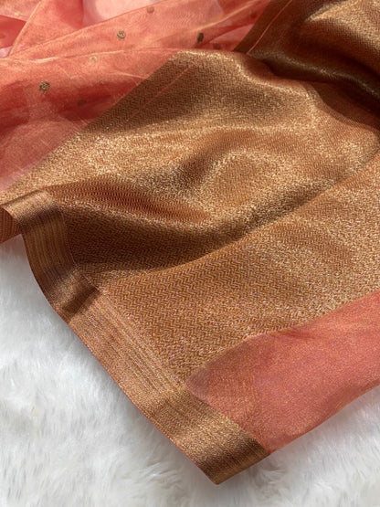 Peach Bananasi Floral Shades Pure Tissue Silk Saree PT-44