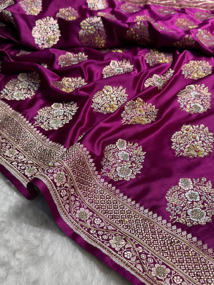Premium Birdal Banarasi Satin Katan Saree With Swarovski Ari & Zardozi Work Minakari Boota in Wine Shades BSK93