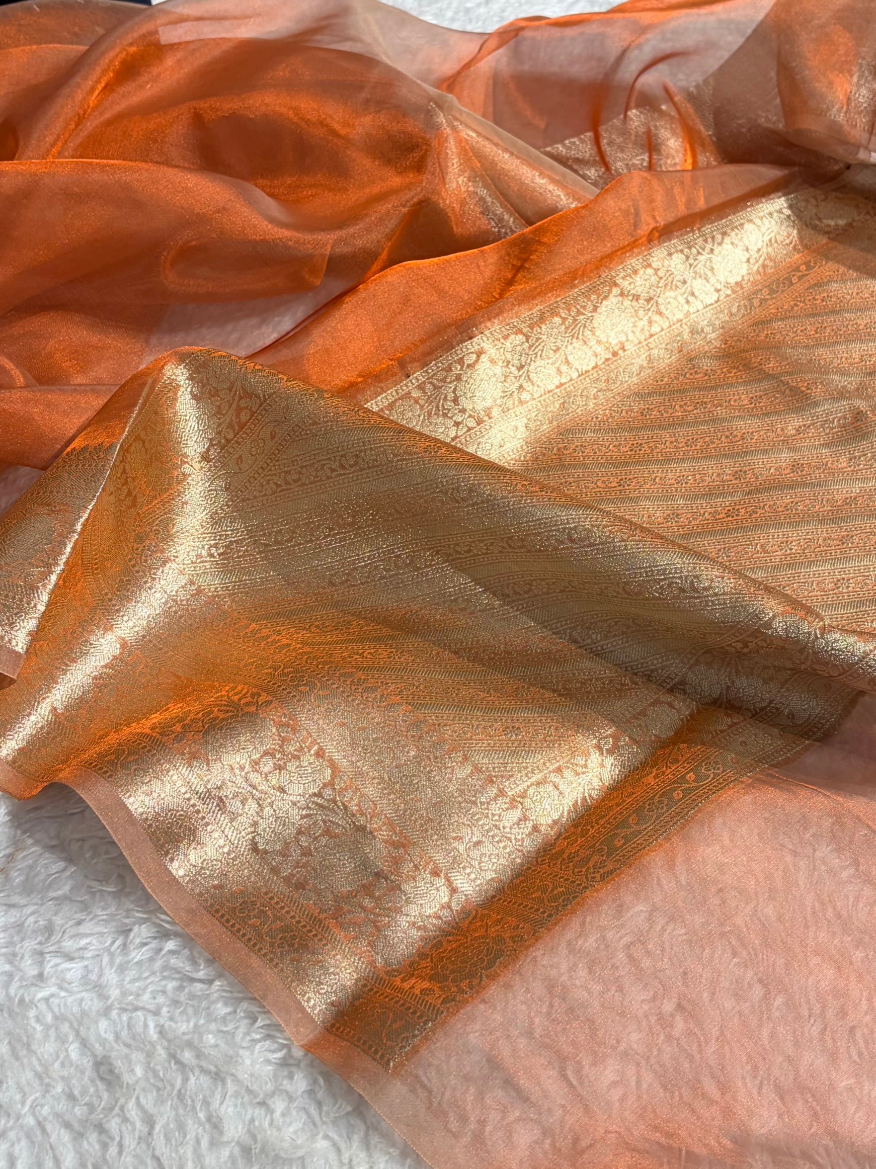 Pinkish Orange Shades Pure Tissue Silk Saree with Brocade Blouse PT-08