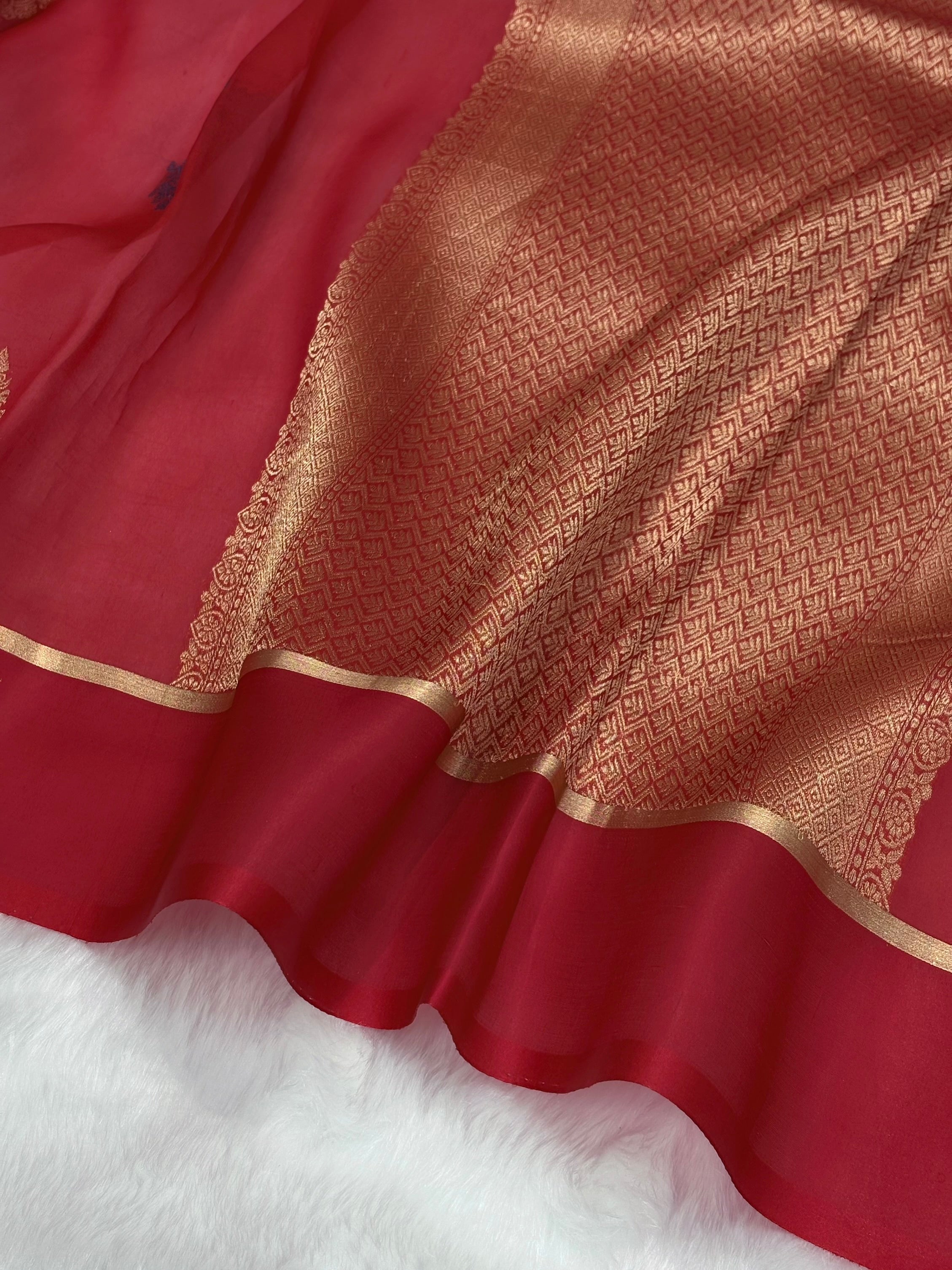 Pure Organza Blud Red Floral Banarasi Silk Saree PO-03