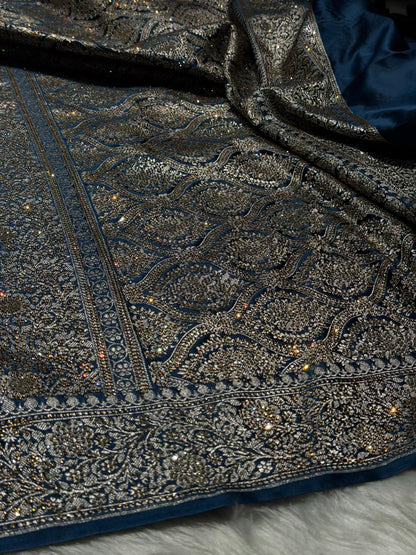 German Blue With Swarovski Work Booti Mashru Silk Saree BMS40