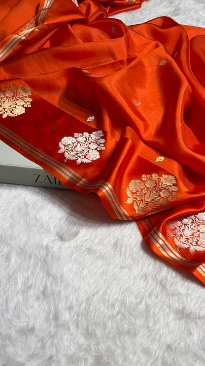 Orange Shades Meena Boota Handwoven Pure Katan Raw Mango Silk RM-01
