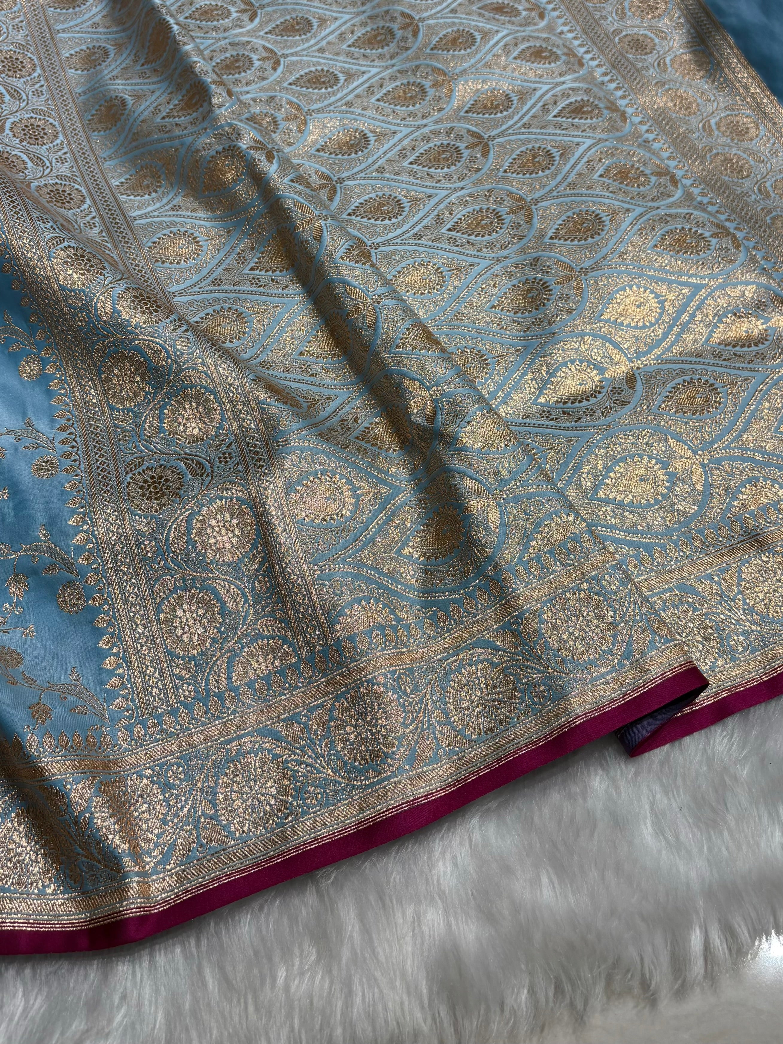 Sky Blue  Cross Satin Katan Silk Saree SK17