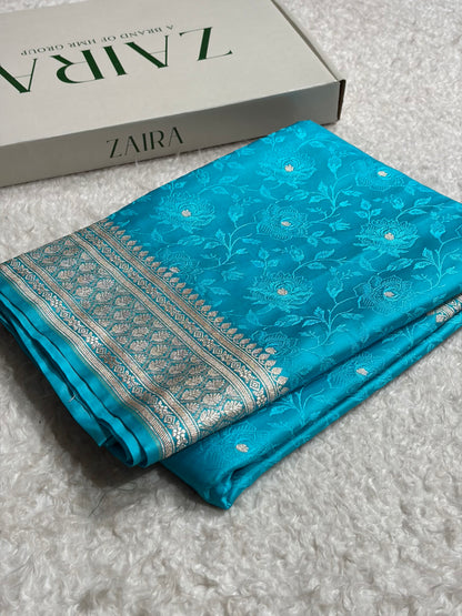 Banarasi Firozi Floral Booti Mashru Silk Saree