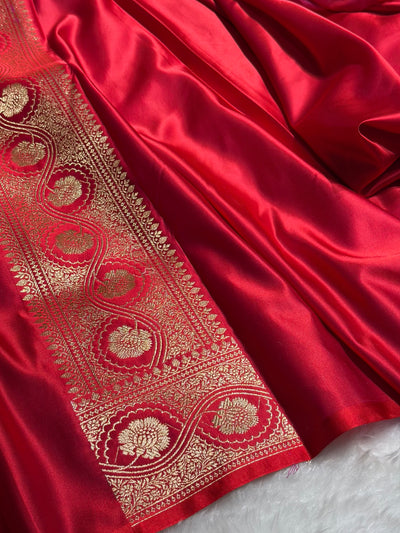 Magentic Red Floral Cross Pattern Satin Katan Silk Saree SK74